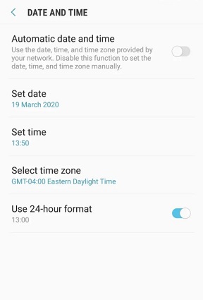 Verifique la configuración de la hora y la fecha en Android