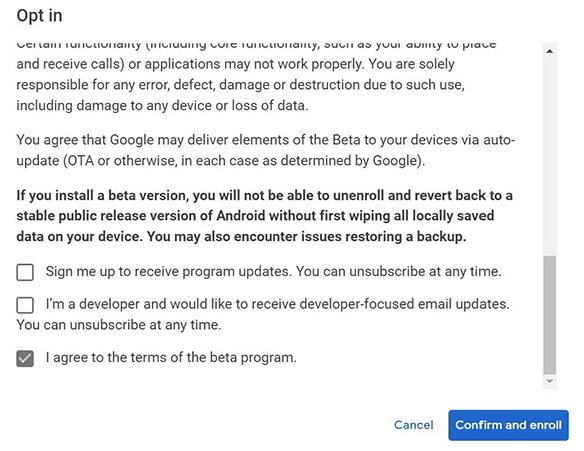 confirmar e inscribir el acuerdo del programa Beta de Android 13