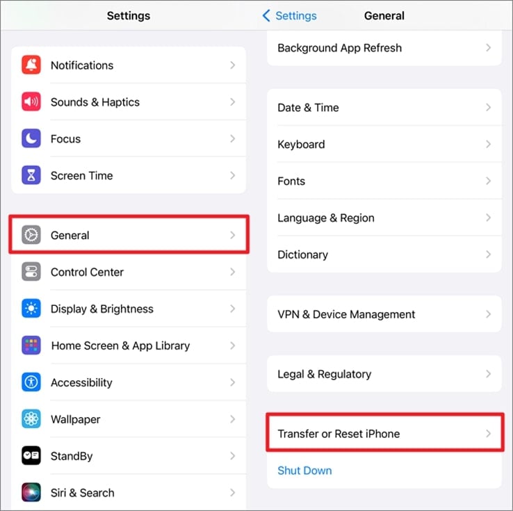 Elija transferir o restablecer la opción de iPhone