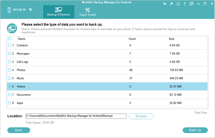 Elija tipos de datos para la copia de seguridad