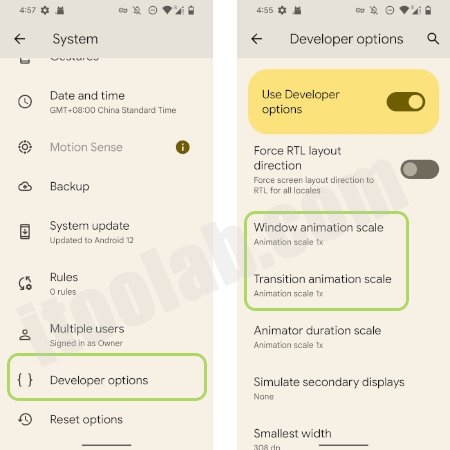 Deshabilitar animaciones para que Google Pixel Telephone sea más rápido
