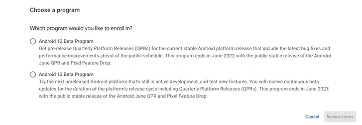 Seleccione el programa Beta Android 13 para inscribirse en