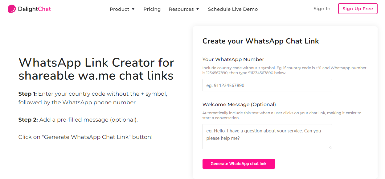 DelightChat WhatsApp Link Generator