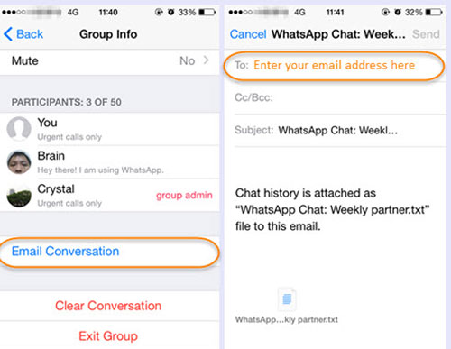 Transferir chats de iPhone WhatsApp al correo electrónico