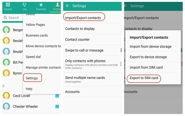 Exportar contactos de Samsung a SIM Card
