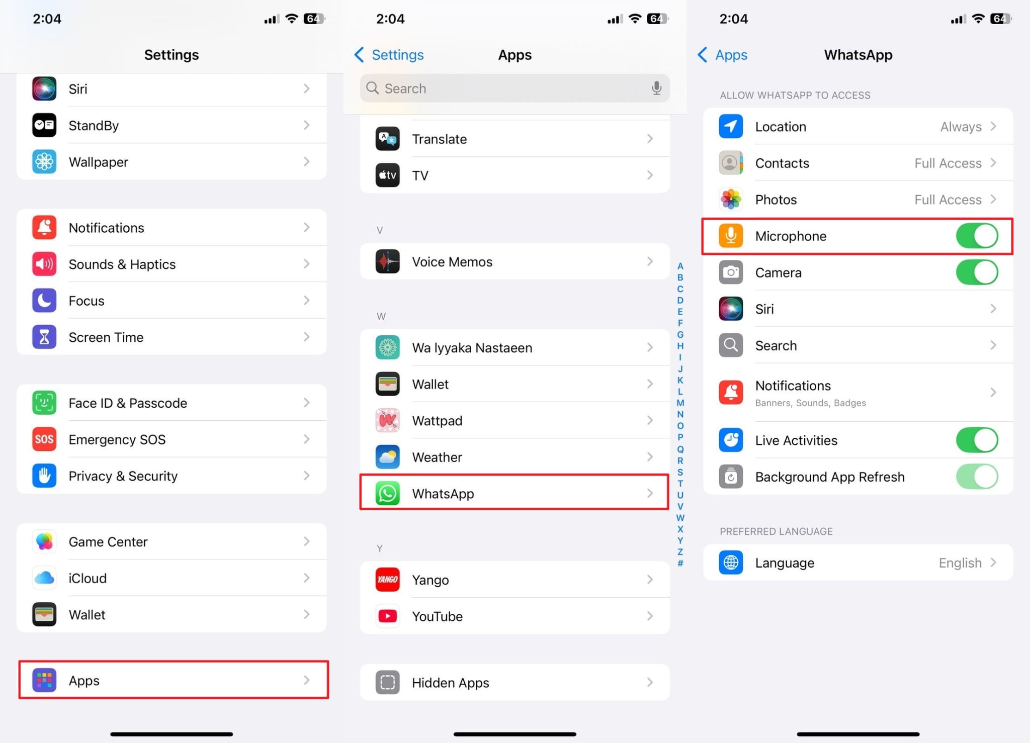 Acceso a la configuración de WhatsApp iPhone