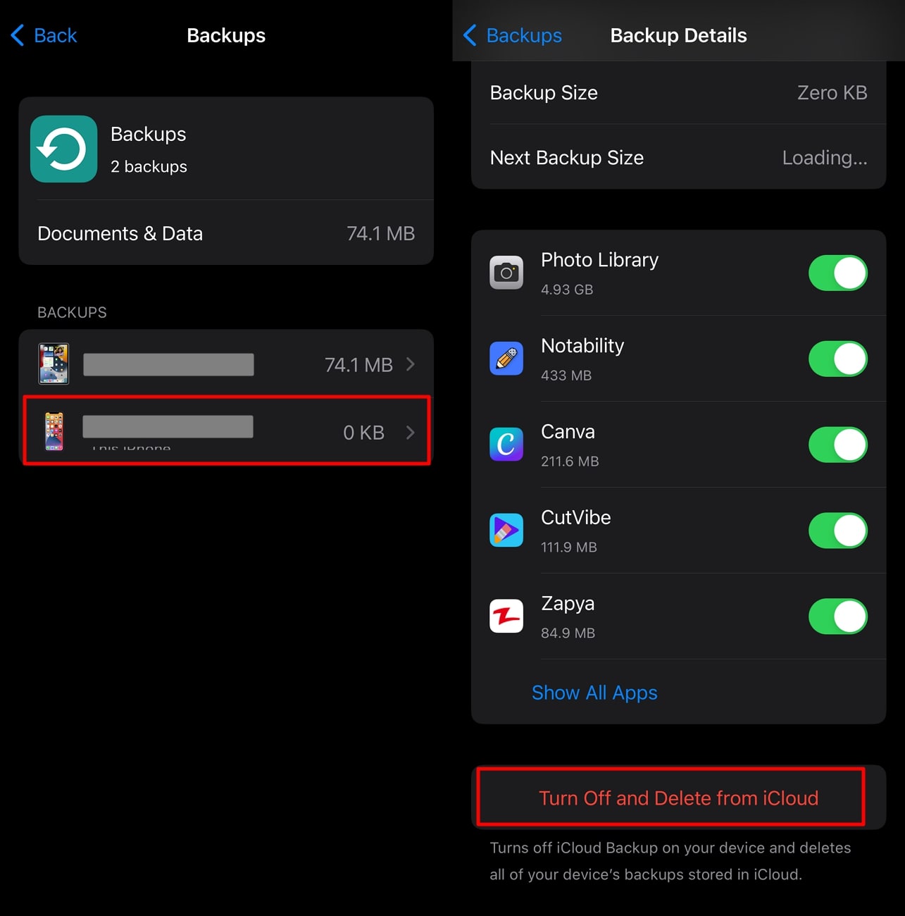 presione apagar y eliminar de iCloud