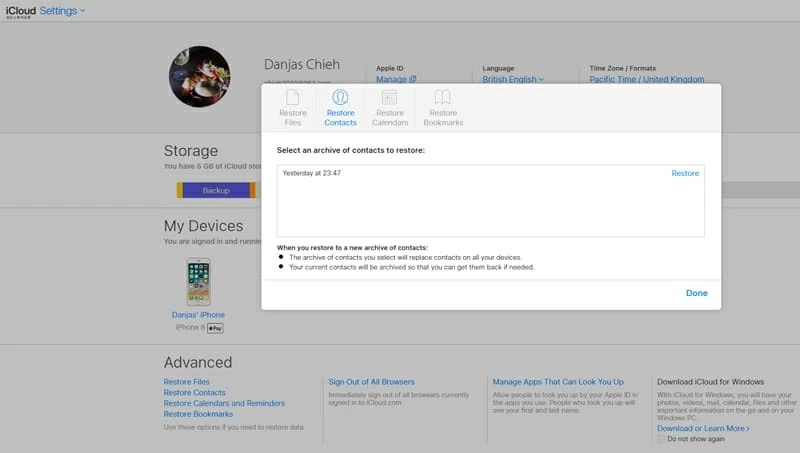 Recuperar el archivo de contactos en iCloud.com