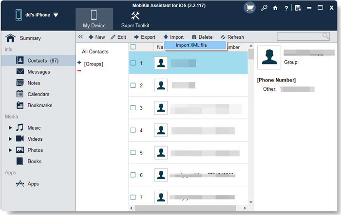 Importar contactos a iPhone a través del asistente para iOS