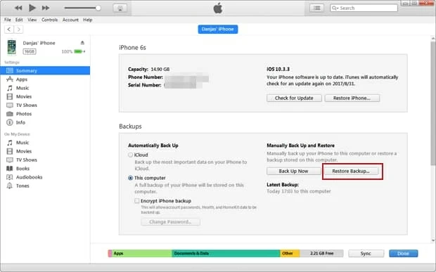Restaurar fotos del iPhone 7 desde la copia de seguridad de iTunes gratis