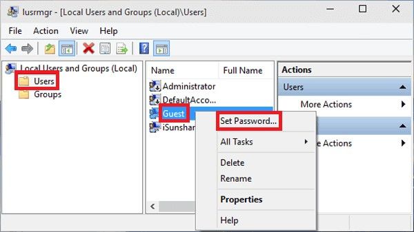 usuarios y grupos locales para configurar contraseña