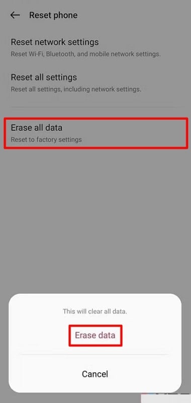 Toque los datos de borrado