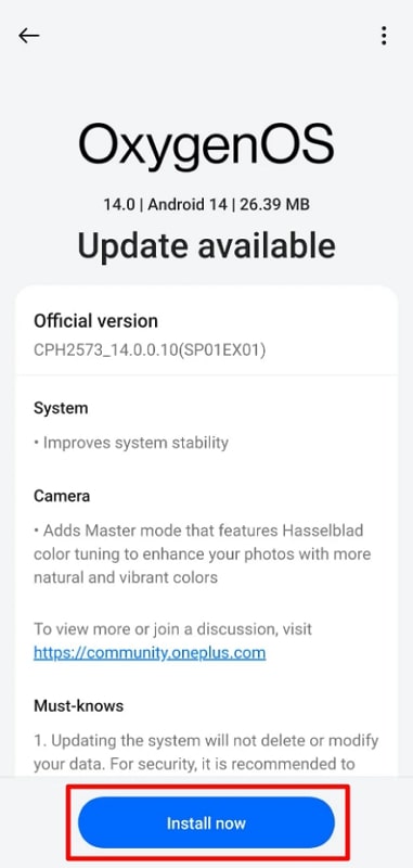Presione el botón Instalar ahora