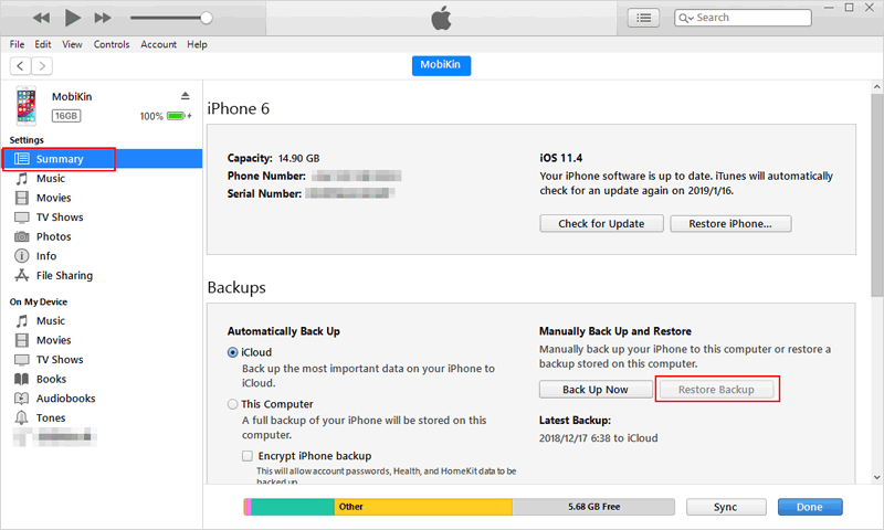 Restaurar mensajes en iPhone desde la copia de seguridad de iTunes