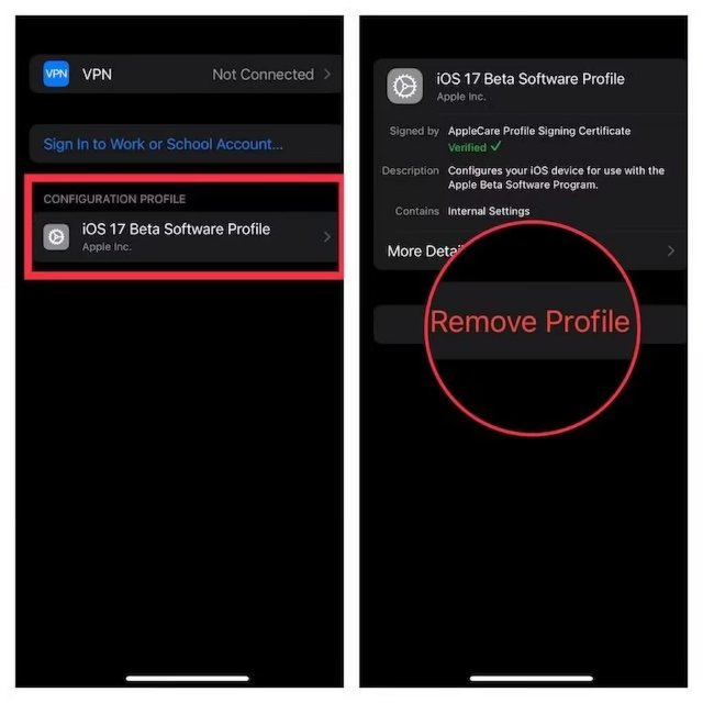 Renovado de iOS 17 beta eliminando iOS 17 Beta Perfil