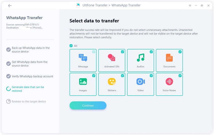 Seleccione los datos de WhatsApp que desea transferir