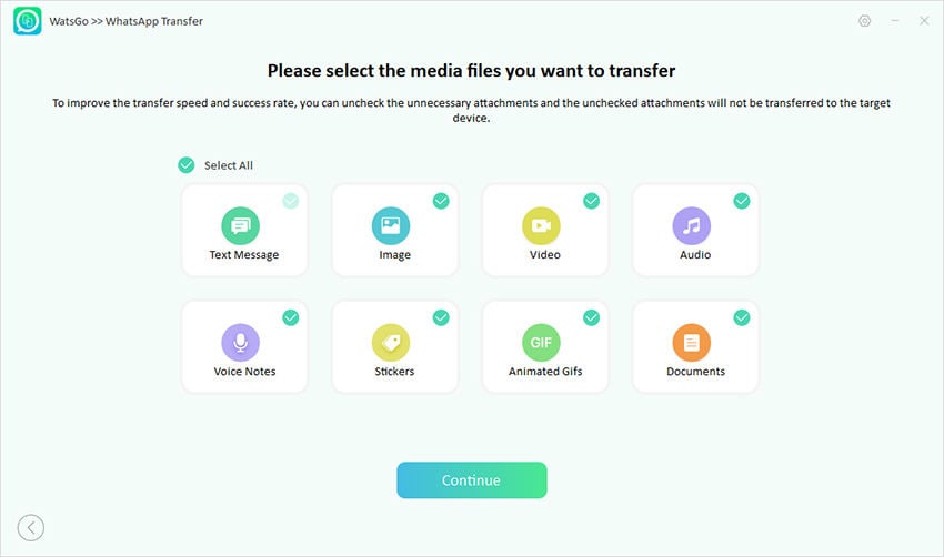 Guía de Watsgo: seleccione Datos de WhatsApp para transferir