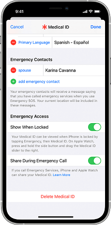 Configurar la identificación médica en la configuración de EmergeCy de iPhone