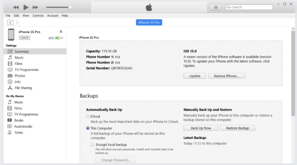 copia de seguridad del iPhone 15 con iTunes