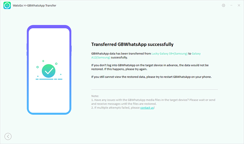 Transferencia Watsgo GbwhatsApp - éxito de transferencia