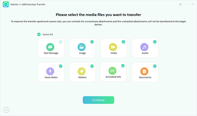 Transferencia de Watsgo GbwhatsApp: seleccione datos