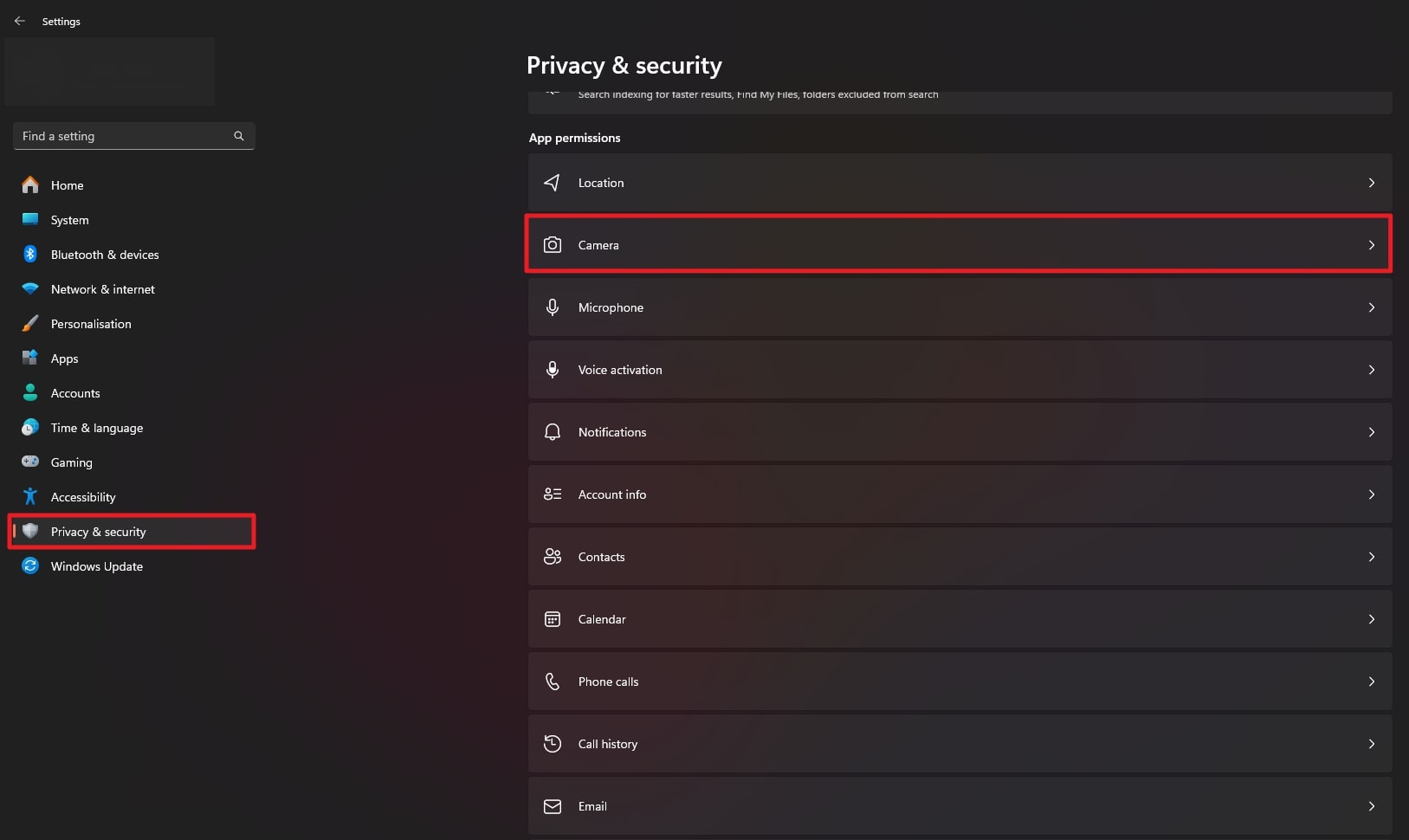 Haga clic en la cámara desde la privacidad y la seguridad