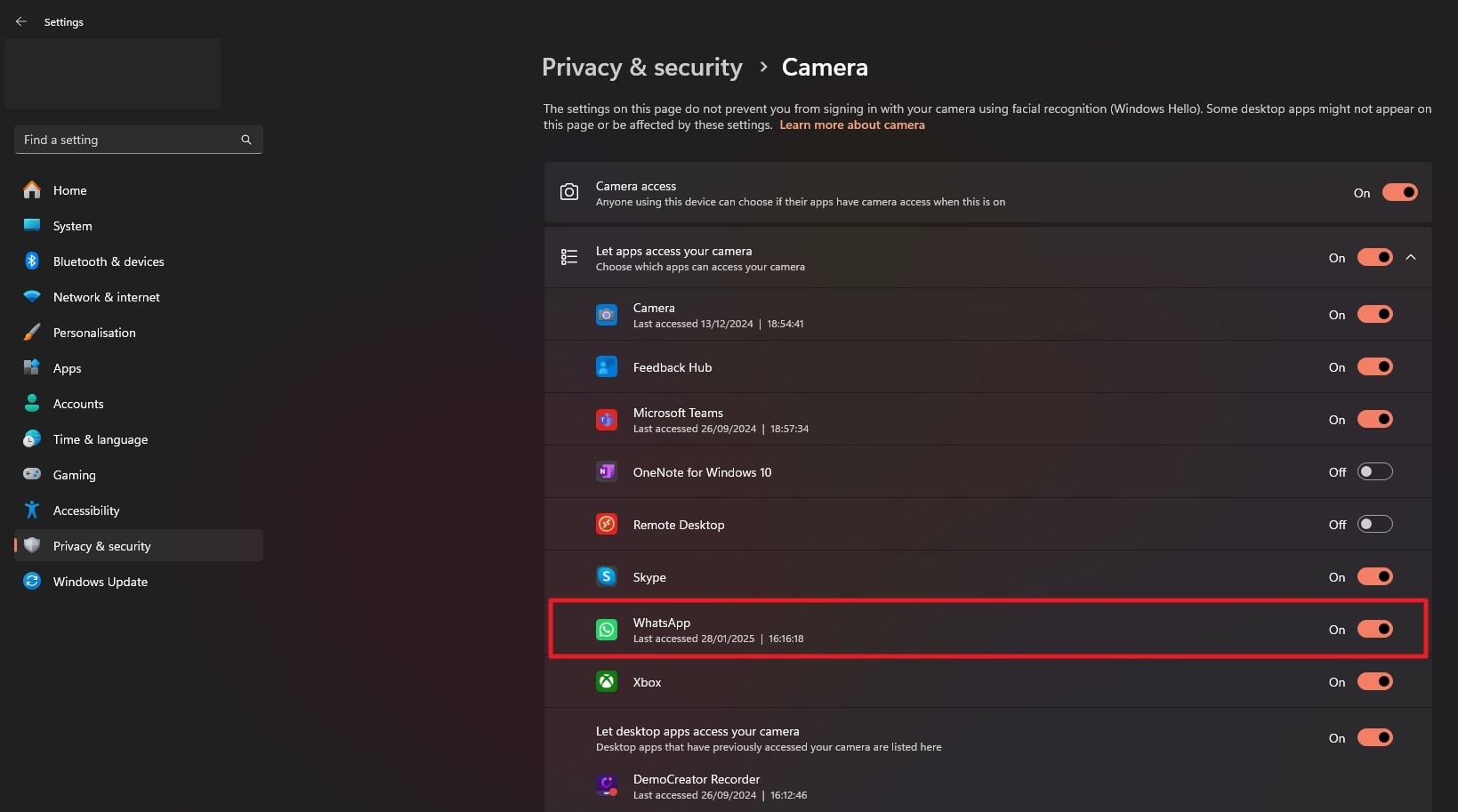 alternar WhatsApp desde la configuración de la PC
