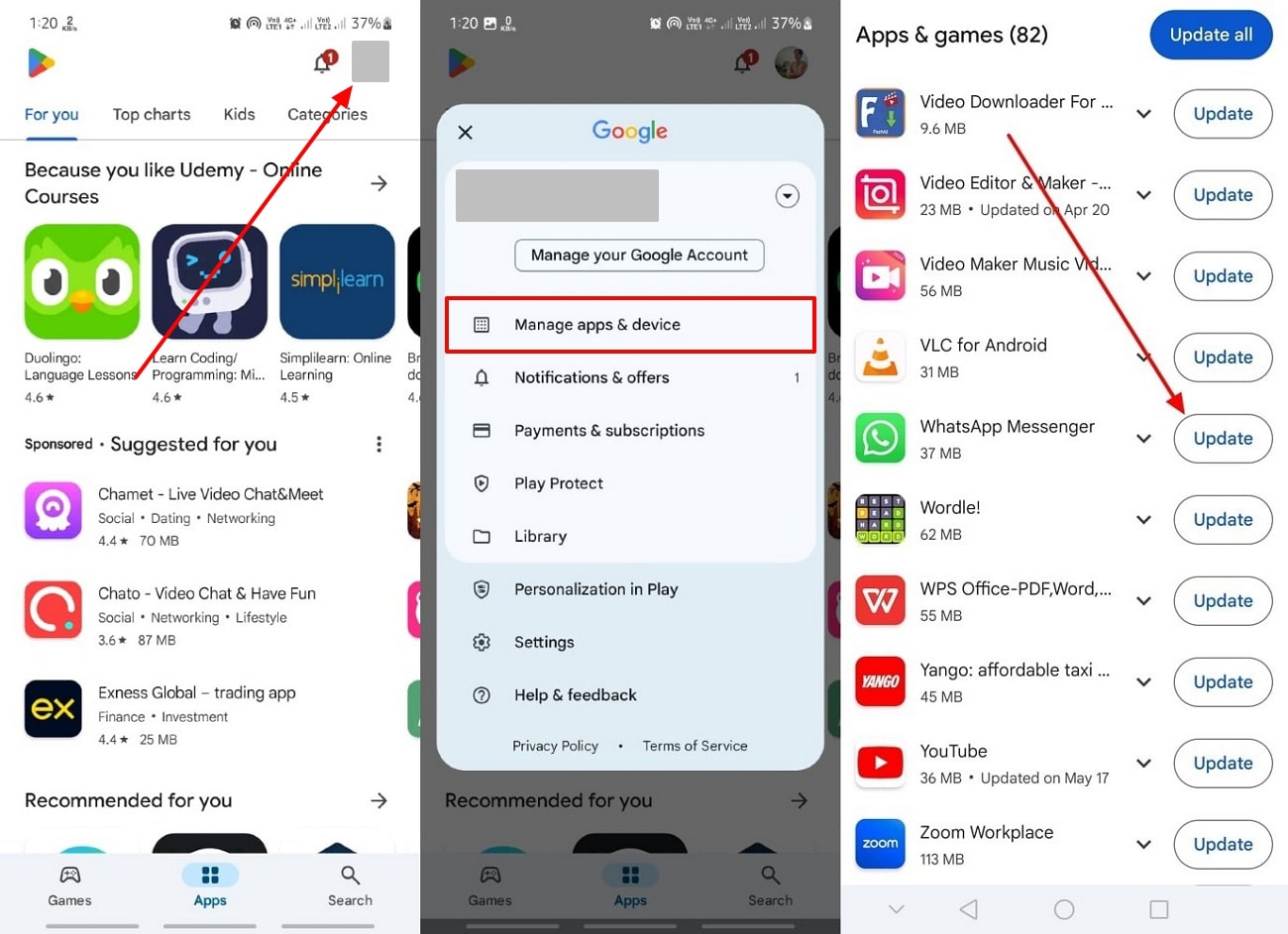 Toque la actualización de Whatsapp Play Store